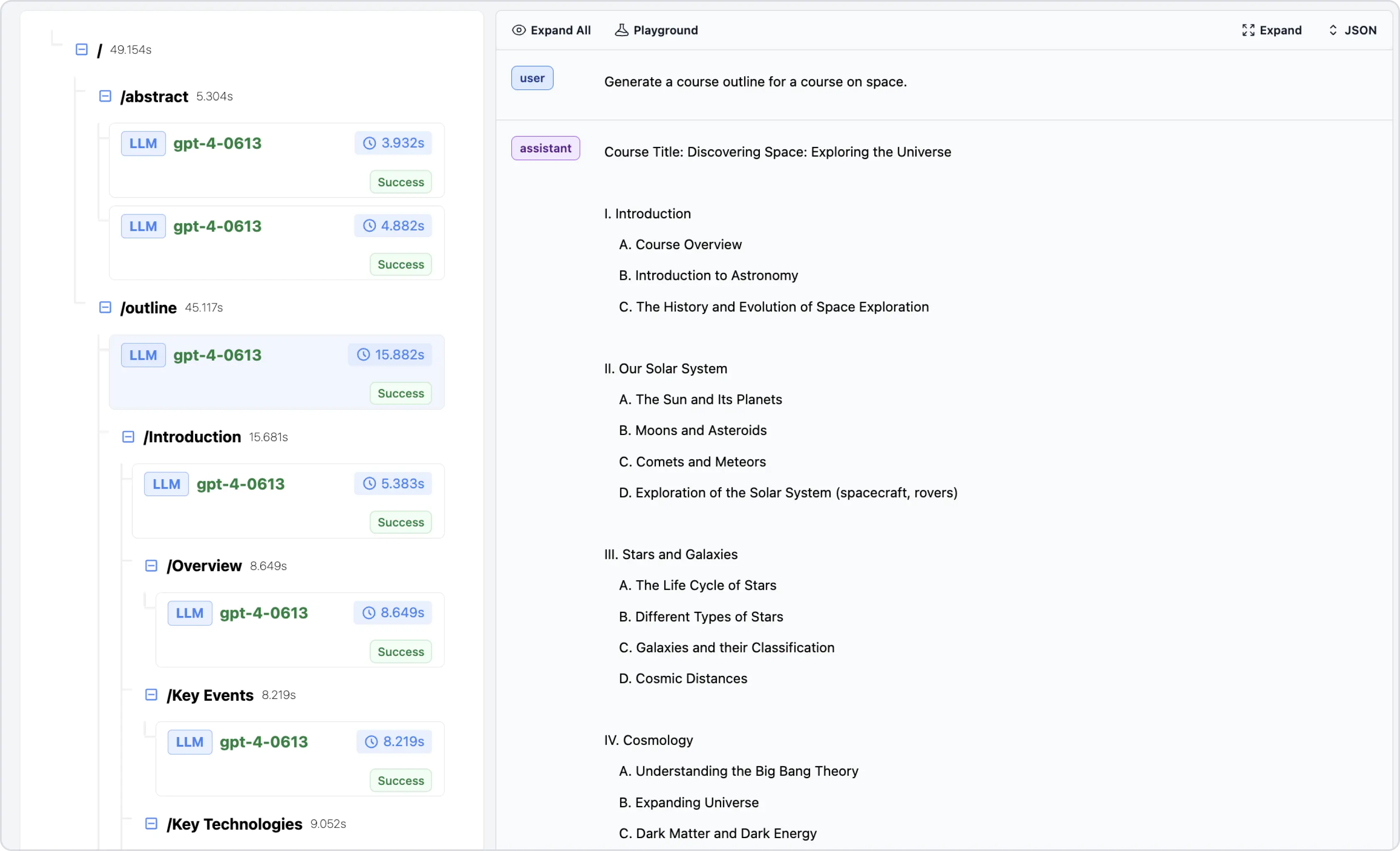 Analyze performance across entire interaction sequences in tree view